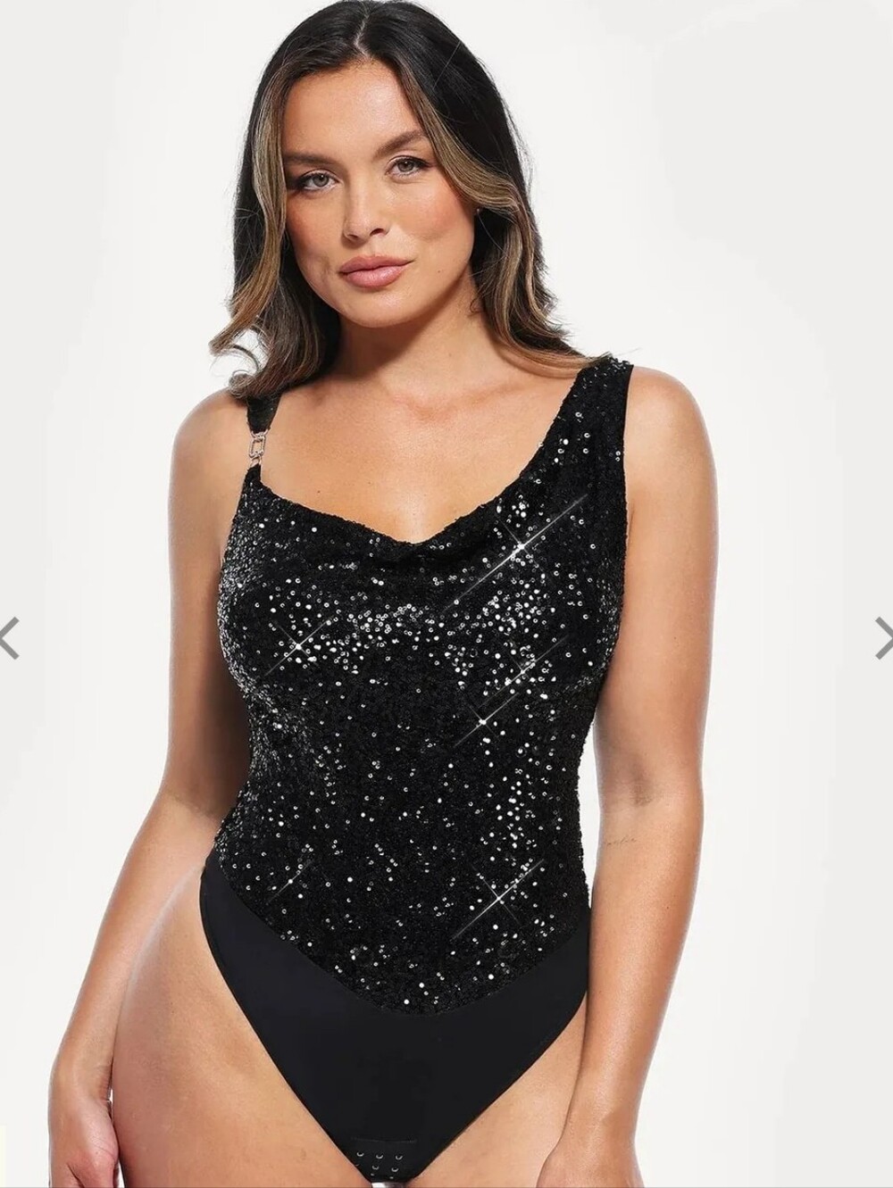 Popilush "Sequin Cowl Neck Chain Detail Sculpting Bodysuit"